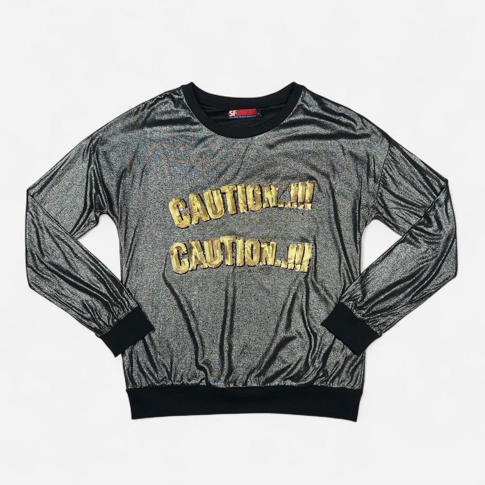San Fran Jeans Co Metallic Caution Graphic Long Sleeve Top Y2K
